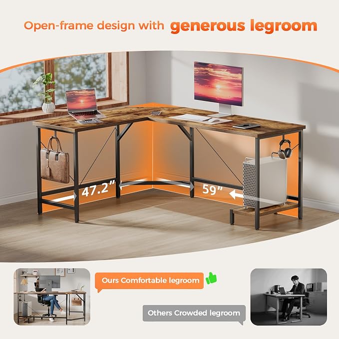 Mericonia 59 inch L Shaped Desk with CPU Stand, Large Corner Gaming Desk | Simple Computer Desk with 2 Hooks, Office Table for Home Bedroom Study Work Writing, Brown - Image 5