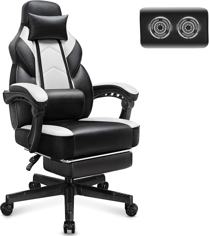 Big and Tall Gaming Chair for Adults, Heavy Duty Computer Chair with Footrest, Video Game Chair, Massage Lumbar Support, Wide Seat High Back Reclining Desk Chair, White by Meilocar