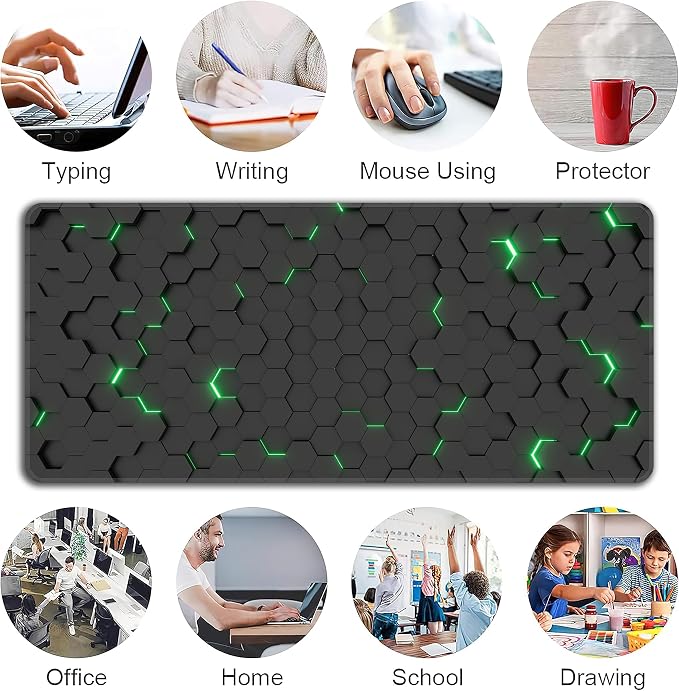 Green Hexagon Honeycomb Desk Mat, XXL 35.4"x15.7" Large Mouse Pad, Geometric Extended Gaming Mouse Mat,Non-Slip Rubber Base Waterproof with Stitched Edges for Gaming Office Home Decor - Image 6