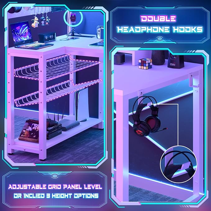 Homieasy Small Gaming Desk with Power Outlets Pegboard LED Light, 43 Inch L Shaped Computer Desk with Monitor Stand Storage Shelves, Reversible Corner Desk with Headset Hooks, White - Image 4