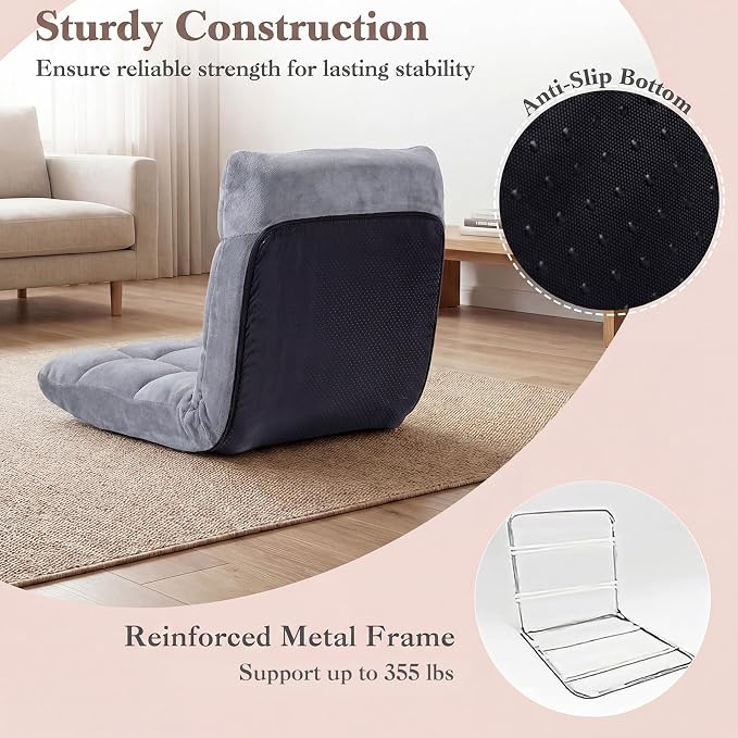Folding Floor Chair with Back Support, Floor Seat, Lazy Sofa Chair | 14 Adjustable Position, Soft Coral Fleece, Thick Foam, Steel Frame Gaming Chair for Adults, Meditation, Living Room (Gray) - Image 7