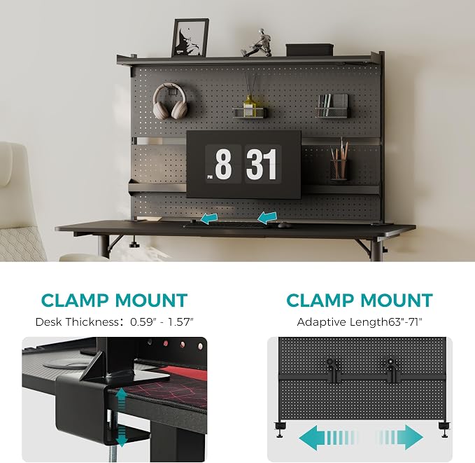 EUREKA ERGONOMIC Desk Pegboard Dual Monitor Stand 59x34 Black | Large steel pegboard with dual monitor stands, LED lighting, privacy panel and modular accessories for gaming desks - Image 8