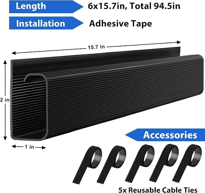 Cable Management Under Desk 94.5in (6X L15.8in) J Channel, ZhiYo Cord Organizer for Desk, Self-Adhesive Cable Organizer, Cord Management Wire Organizers for Cords, Wire Management Cable Raceway Black - Image 5