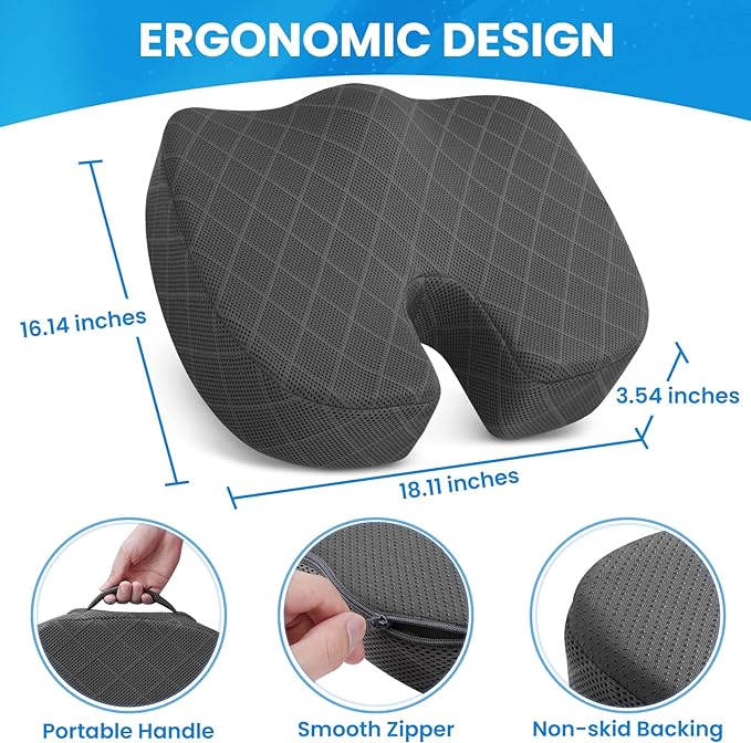 TushGuard Seat Cushion - Memory Foam Cushion for Office Chair, Car Seat, Airplane, Bleacher - Sciatica & Hip & Coccyx Pain Relief Cushions for Long Sitting Office Workers, Car Drivers (Grey, X-Large) | for Car Seat, Airplane, Desk Chair - Sciatica & Hi... - Image 2