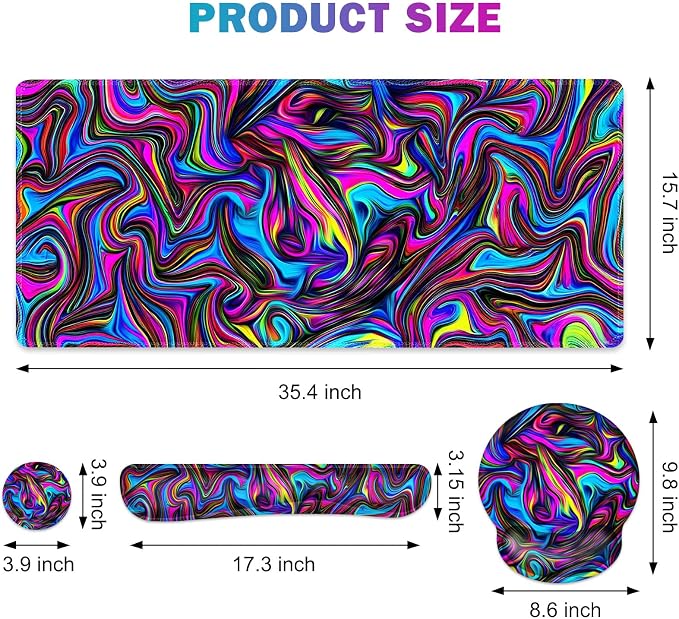 Gaming Mouse Pad, Large Desk Mat, Cute Desk Pad Protector, 4in1 XXL Mousepad + Keyboard Wrist Rest+Mouse Wrist Rest+Coaster Set with Ergonomic Desk Pad for Home Office Computer, Dazzling Bright Color - Image 2