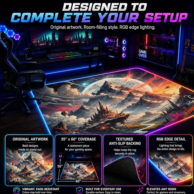 Gaming Rug RGB LED Light (3x5 Enchanted Luminescent) - Bedroom Gamer Rug Floor Mat Gaming Decor - Kids Room Rug Anti Slip Mat for Gamer Chair – Play Game Room Décor for Teen, Boys, Kids - Image 4