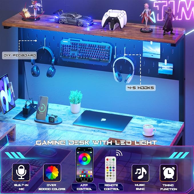 Homieasy Small Gaming Desk with Power Outlets Pegboard LED Light, 51 Inch L Shaped Computer Desk with Monitor Stand Storage Shelves, Reversible Corner Desk with Headset Hooks, Rustic Brown - Image 6