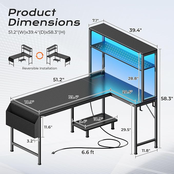 PRAISUN L Shaped Gaming Desk with LED Lights & Power Outlets | Reversible Computer Desk with Storage Shelves & Bag, Large Corner Home Office Desk for Work from Home, Carbon Fiber Black - Image 2