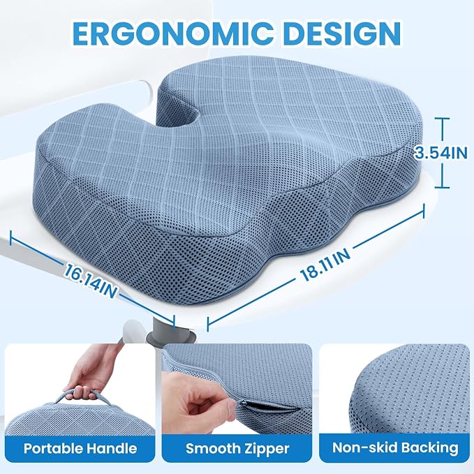 TushGuard Memory Foam Office Chair Seat Cushion - Light Blue, X-Large | for Car Seat, Airplane, Desk Chair - Sciatica & Hip & Coccyx Pain Relief Cushion for Long Sitting Office Workers, Car Drivers - Image 2