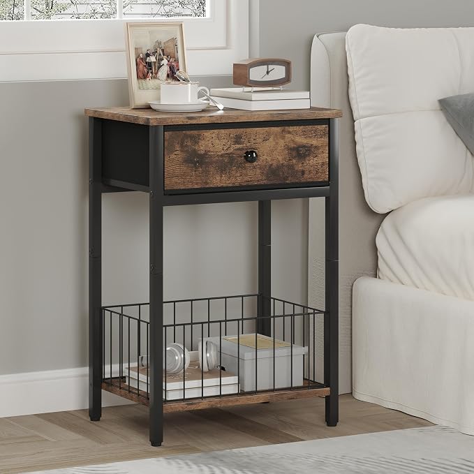 Night Stand Set 2, Night Stand with Drawers, Industrial nightstand, Nightstand with Fabric Bins, Bedside Table End Table for Bedroom, Closet, Entryway, College Dorm, Rustic Brown LNT0061BR2 - Image 2