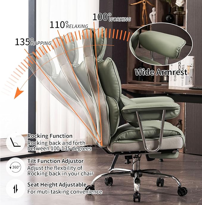 Efomao Big and Tall Office Chair 400lbs - Executive Office Chairs with Footrest, Heavy-Duty PU Leather Computer Chair for Heavy People, Light Green Home Office Desk Chairs | 400lbs support, 135° recline, dual-layer foam cushion, 23.5" seat & footrest. ... - Image 4