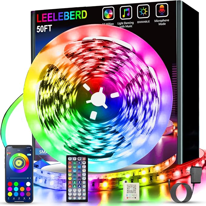 Leeleberd 50ft Led Strip Lights, Music Sync Color Changing Led Light Strips, App Control and Remote, Led Lights for Bedroom Living Room Party Home Decoration by Leeleberd