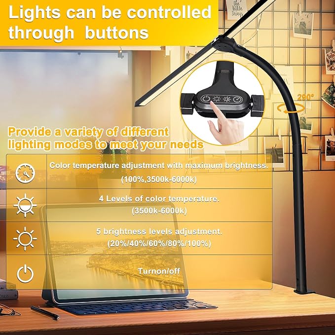Double Head LED Desk Lamp for Office - Eye Caring Lamp with Clamp - Image 4