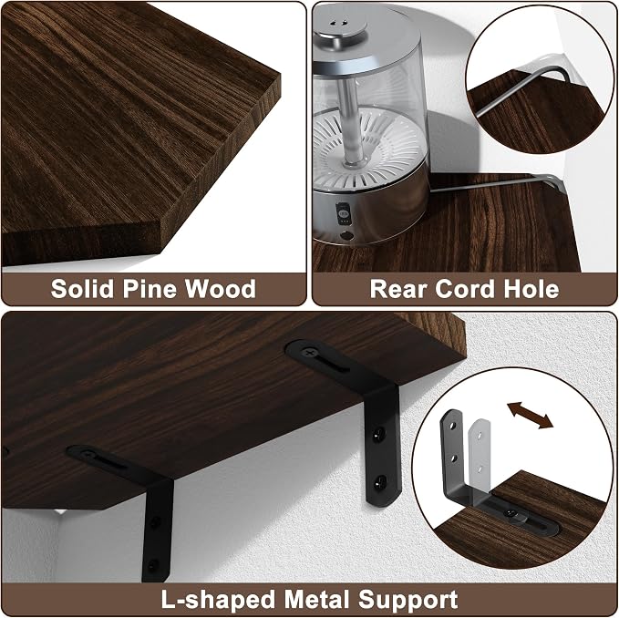 Alsonerbay Pine Wood Corner Shelves with Cord Hole 3-Pack, Carbonized Black - Image 4