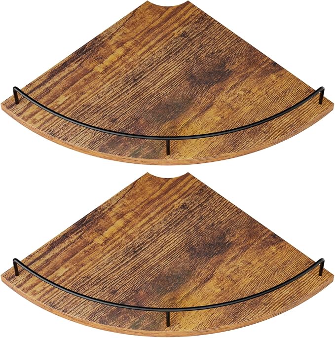 Corner Floating Shelves, Rustic Brown Wood, Set of 2, Wall Mount Storage with Guardrail for Bathroom Kitchen Living Room by FNBAR