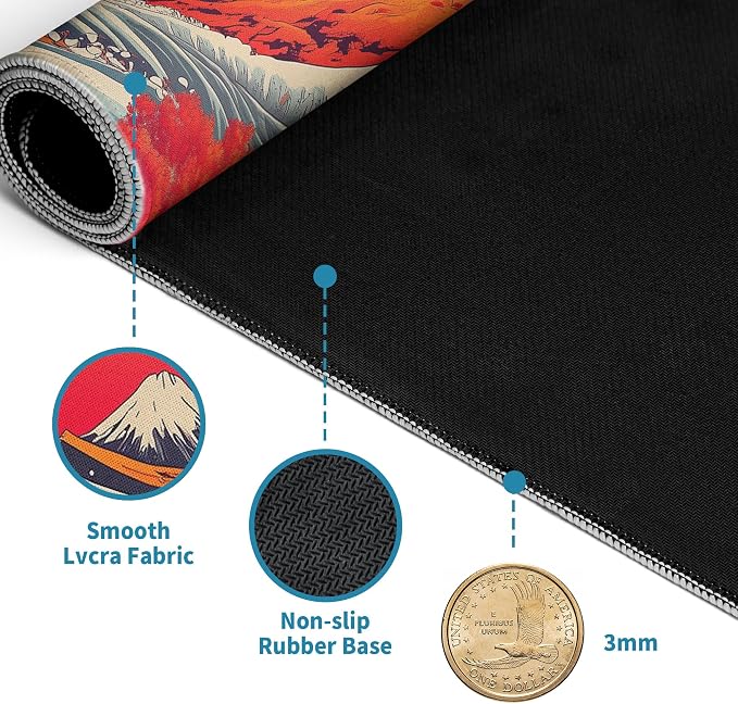 Japanese Sea Wave Mouse Pad Red Desk Mat XL Mouse Gaming Pads, Sea Keyboard Pads Extra Large Desktop Computer Mats with Non-Slip Base & Stitched Edges, Vintage Office Decor 31.5x11.8 - Image 4
