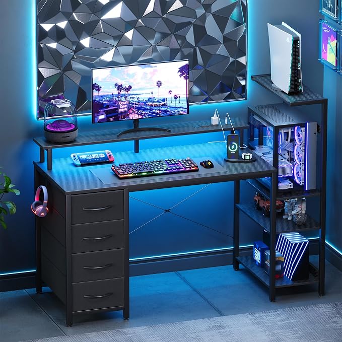 51 Inch Gaming Desk with Drawers & PC Tower Stand & LED Lights, Black - Image 2
