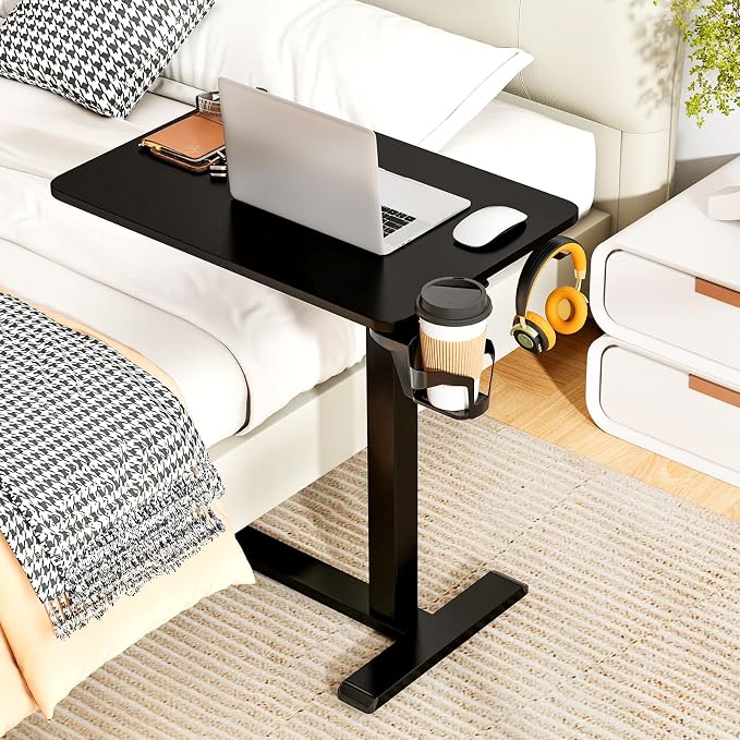 Tangkula Mobile Standing Desk, Pneumatic Height Adjustable Rolling Desk with Cup Holder & Headphone Hook, Overbed Table with Hidden Wheels, Laptop Computer Cart for Couch, Home, Office (Black) - Image 4