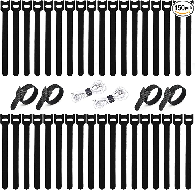 BALABALA 150PCS Cable Ties 8 Inch, Reusable Hook and Loop Straps for Cord Management, Fabric Fastening Straps with Strong Grip, Adjustable Cable Organizer for Home Office Electronics - Black by BALABALA