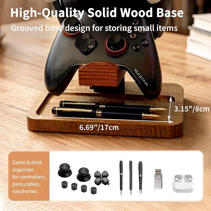 Solid Wood Headphone Stand with Controller Holder, Space-Saving Dual Hanger & Gamepad Organizer for Desktop, Gaming Desk Accessories with Stable Base Storage - Image 6