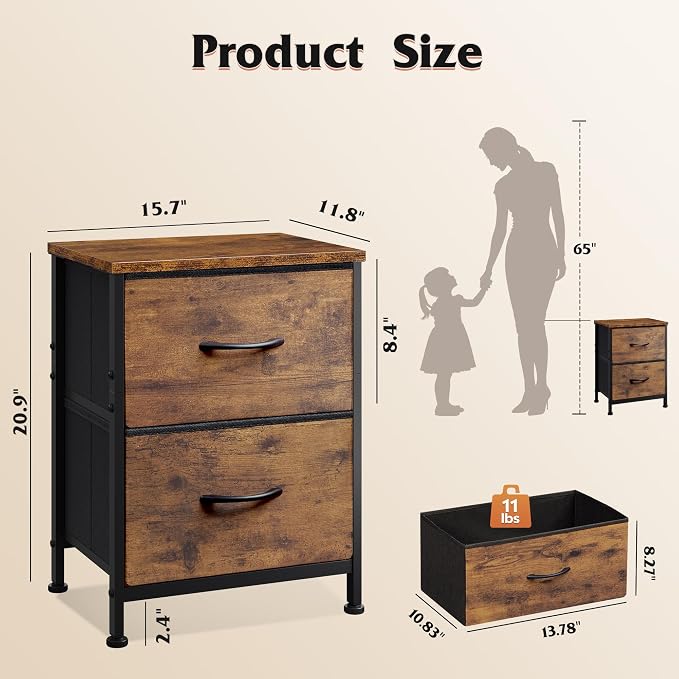 WLIVE Night Stand, Small Dresser with 2 Drawers & Wooden Top, Nightstand with Fabric Bins, Bedside Table End Table for Bedroom, Closet, Entryway, College Dorm, Rustic Brown - Image 3
