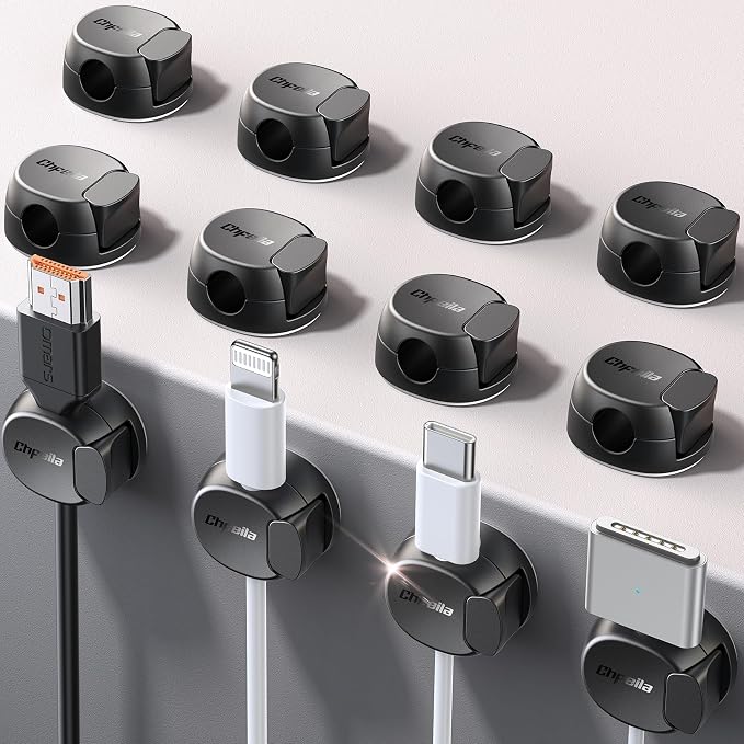 12Pack Cord Organizer [Dual Spring & Clasp, Max Secure] Cable Clips - Chfeila Cord Holder, Desk Cable Management, Adhesive Phone Charging Wire Holder for Nightstand/Car/Wall, Office Accessory - Black by Chfeila