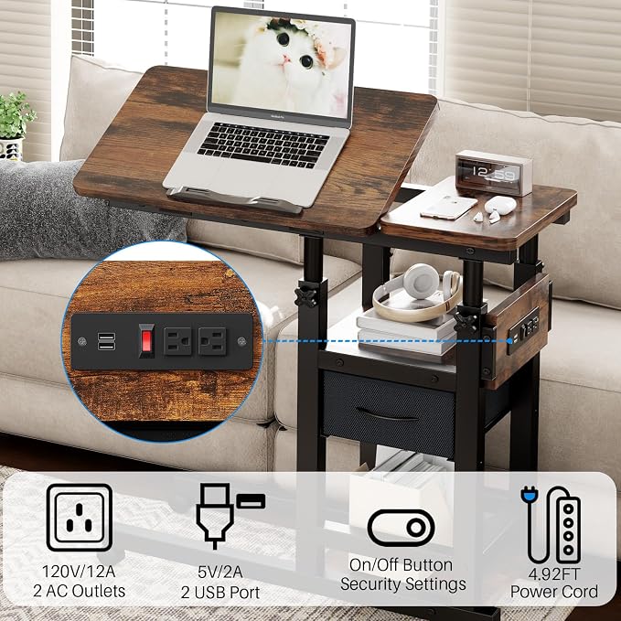 Adjustable Overbed Bedside Table with Wheels, Charging Station - Image 4