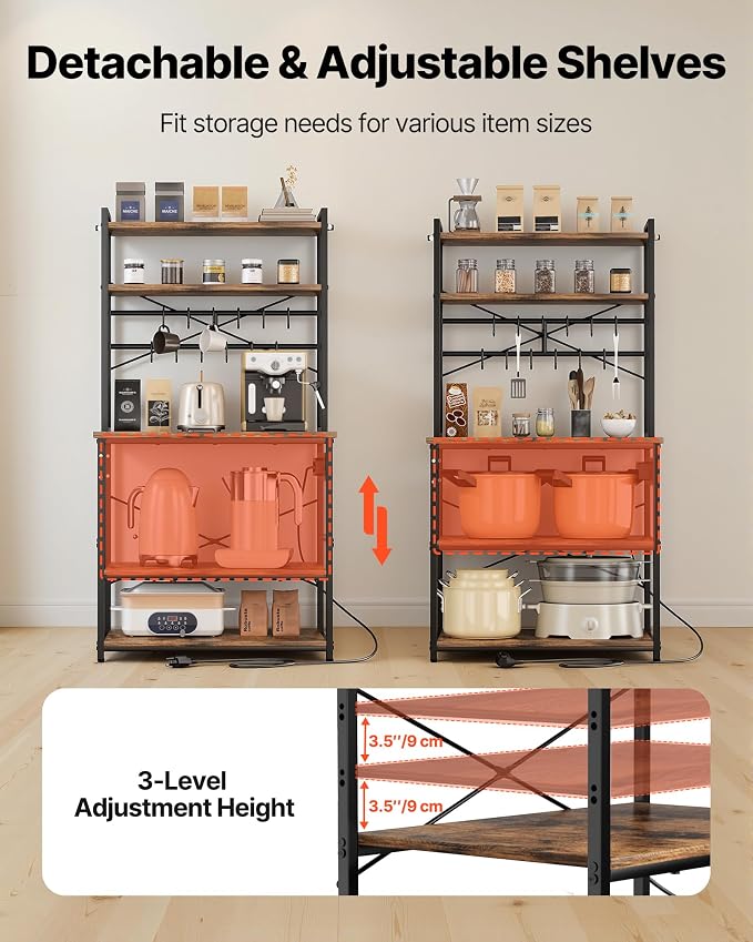 VEVOR Kitchen Bakers Rack with Power Outlets, 31.5 x 15.7 x 63.7Inch Microwave Stand with Built-in Power Strip & 5 Ft Cord, 12 S-Shaped Hooks, for Dish Storage, Spice Jars, Coffee Bar Organization - Image 6
