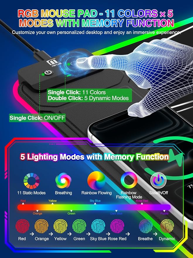 RGB Mouse Pad with Foldable Phone Stand Wireless Charger, 31.5"x11.8" XL Gaming Mousepad Large Desk Mat, Desk Pad with 11 Colors 5 Modes, Waterproof - Image 4
