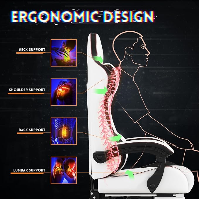 Gaming Chair,Big and Tall Gaming Chair 400lbs Office Chair with Footrest, 90-155° Recline & Removable Headrest Lumbar Support[Spring + 4D Sponge] (White) - Image 7