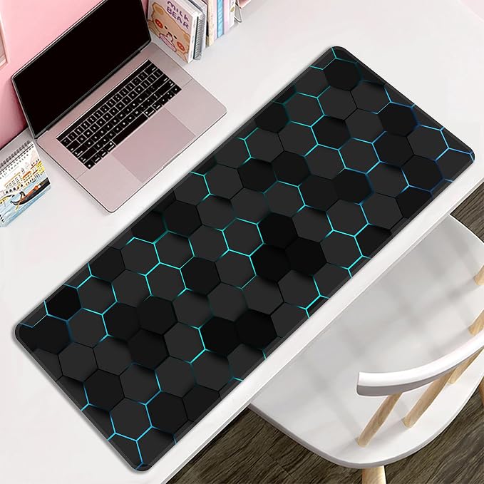 Blue Hexagon Honeycomb Desk Mat, XL 31.5"x11.8" Large Mouse Pad, Geometric Extended Gaming Mouse Mat,Non-Slip Rubber Base Waterproof with Stitched Edges for Gaming Office Home Decor - Image 8