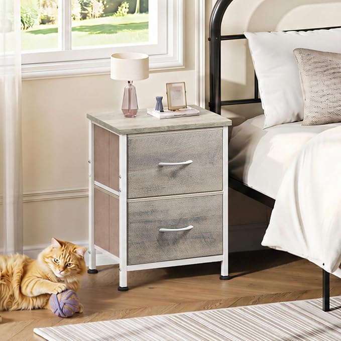 WLIVE Nightstand, 2 Drawer Dresser for Bedroom, Small Dresser with 2 Drawers, Bedside Furniture, Night Stand, End Table with Fabric Bins for Bedroom, Closet, College Dorm, Greige Oak - Image 2