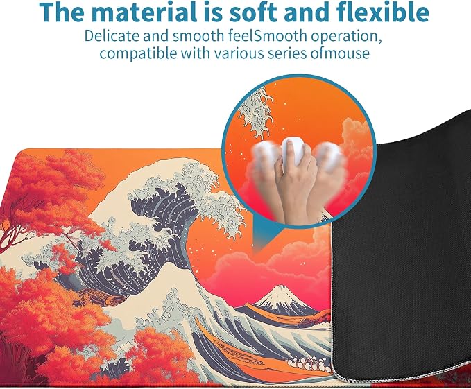 Japanese Sea Wave Mouse Pad Red Desk Mat XL Mouse Gaming Pads, Sea Keyboard Pads Extra Large Desktop Computer Mats with Non-Slip Base & Stitched Edges, Vintage Office Decor 31.5x11.8 - Image 5