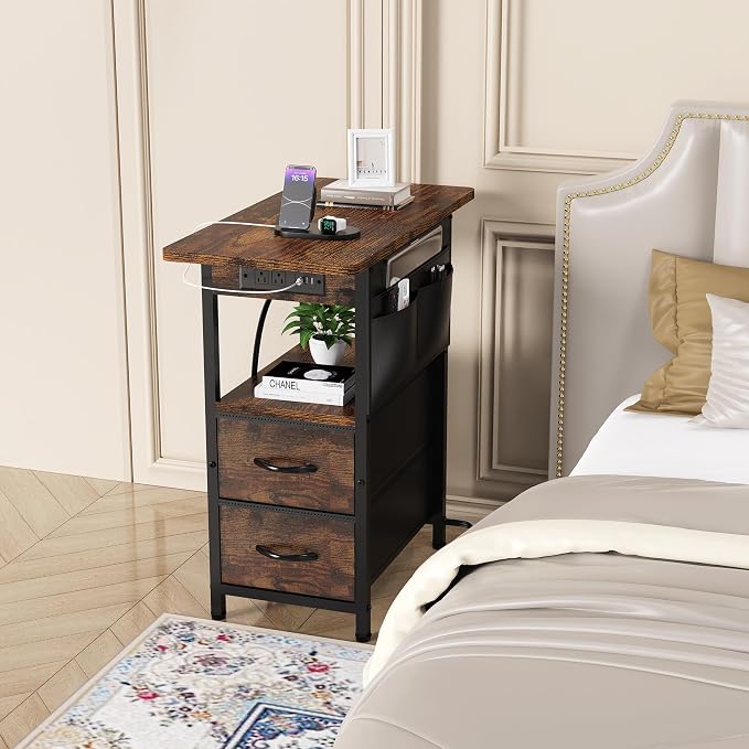 Yenlure Small Side Table with Charging Station, Narrow Nightstand Bedside Tables with Storage Pocket for Living Room Bedroom, Sofa End Table with USB Ports and Power Outlets for Small Spaces - Image 2