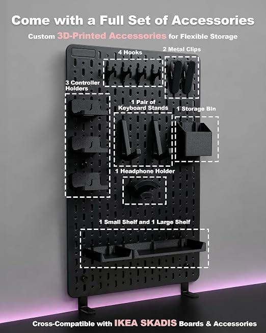 Clamp-On Desk Pegboard Organizer, 14 Accessories, Black | 14 Peg Board Accessories, Controller Holders, Keyboard Stand, Headphones Holder, Cable Storage for gaming setups, home office - Image 5
