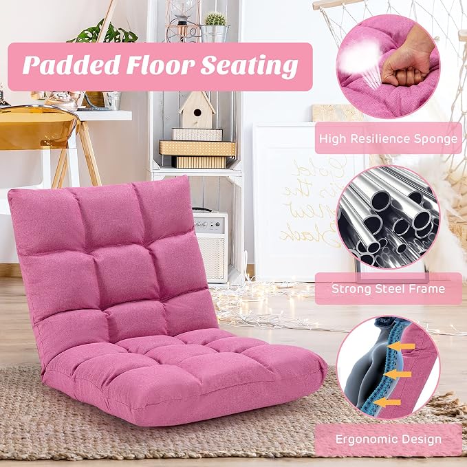 Giantex Adjustable Floor Gaming Sofa Chair 14-Position Cushioned Folding Lazy Recliner High Resilience Sponge, Breathable Cotton & Linen Fabric Sleeper Bed Couch Recliner (Pink) - Image 8
