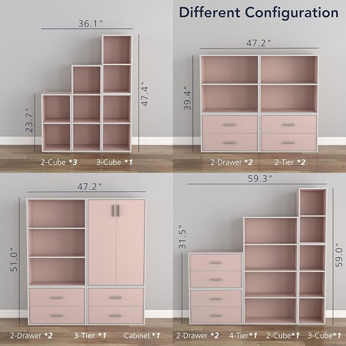 Homes: Inside + Out Apexa 4-Cube Storage Organizer Shelves, Stackable Wood Bookcase Fits Cubby Bins for Organization, Dorm Teen Room Decor & Home Office, Light Pink - Image 10