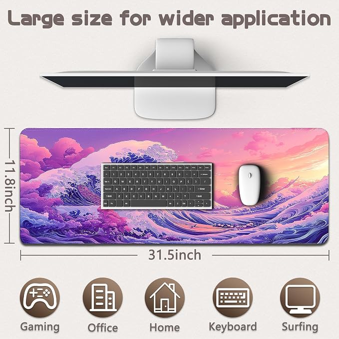 Mouse Pad Gaming - Desk Mat for Keyboard and Mouse - Kanagawa Large Mouse Pad for Desk, Japanese Sea Wave Mousepad (31.5" x 11.8") with Non-Slip Base, Desks Pad Mat for Gaming, Office and Home - Image 5