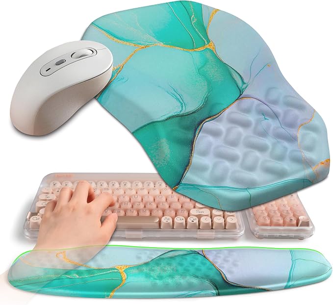 2-in-1 Ergonomic Set, Wave Keyboard Wrist Rest and Massage Slope Mouse Pad Wrist Support, Rebound Memory Foam for Relieve Carpal Tunnel Syndrome and Wrist Pain (Green Gold Marble) by Gleamtide