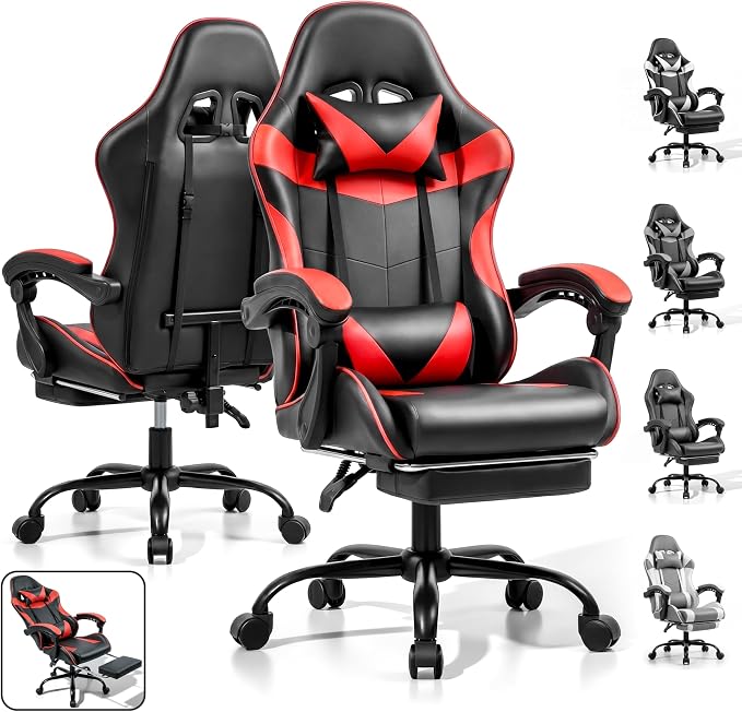 Gaming Chair, Ergonomic Footrest, Lumbar & Headrest(Red Black) | Steel frame, PVC leather & memory foam; 330 lb; 21" seat; 360° swivel, 90–155° recline; easy assembly; gaming & work by RayBear