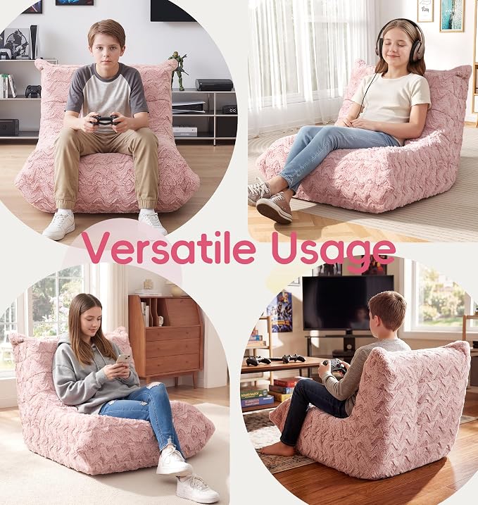 Hobestluk Medium Bean Bag Chairs Lounge Floor Chair BeanBag Couch Togo Sofa | Ergonomic Design,Memory Foam,No Assembly,Faux Fur Fireside Chair Back Support for Reading Classroom | Pink Chevron Medium - Image 5