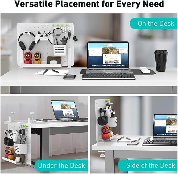 Clamp-on Desk Pegboard – Steel No Drill Desktop Organizer Panel with Gaming Controller Holder, Headphone Hook, and Storage Shelf – Vertical Mount for Office and Home Setup(White - Image 4