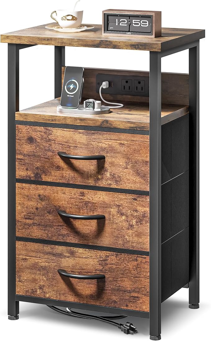 Lazzanto Night Stand with Charger Station, 3 Fabric Drawers, Brown by Lazzanto