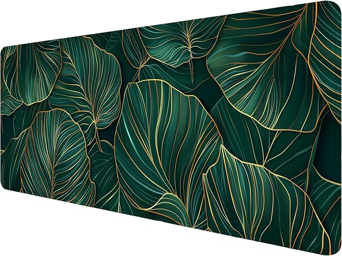 Green Leaves Desk Mat Gaming Mouse Pad Gold Tropical Palm Leaves Large Gaming Mouse Mat with Stitched Edges,Non-Slip Waterproof Rubber Base Mous Mat Office Computer Keyboard Laptop Home 31.5"x11.8" by Unknown