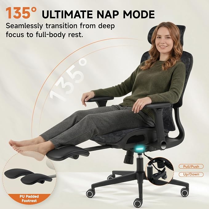 Korser Ergonomic Mesh Office Chair with Footrest, Big and Tall Desk Chair with 4D Flip-Up Arms, Auto-Tracking Lumbar Support, 3D Headrest, High Back Computer Gaming Chair for Home Office, Black - Image 7
