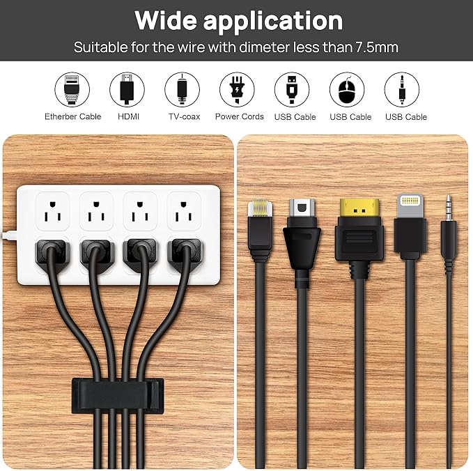 Cable Management Clips, 20Pcs Cord Organizers Wire Clips Cord Holder for TV PC Ethernet Cable Desk Home Office (Black) - Image 4