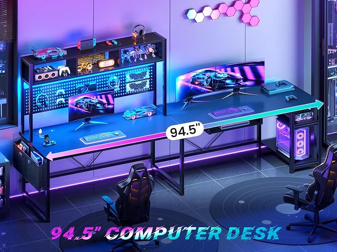 SEDETA 67" L Shaped Gaming Desk with Pegboard LED Lights and Power Outlet | Reversible Computer Desk with Keyboard Tray Hutch and Stoage Bag for Home Office, Black - Image 3