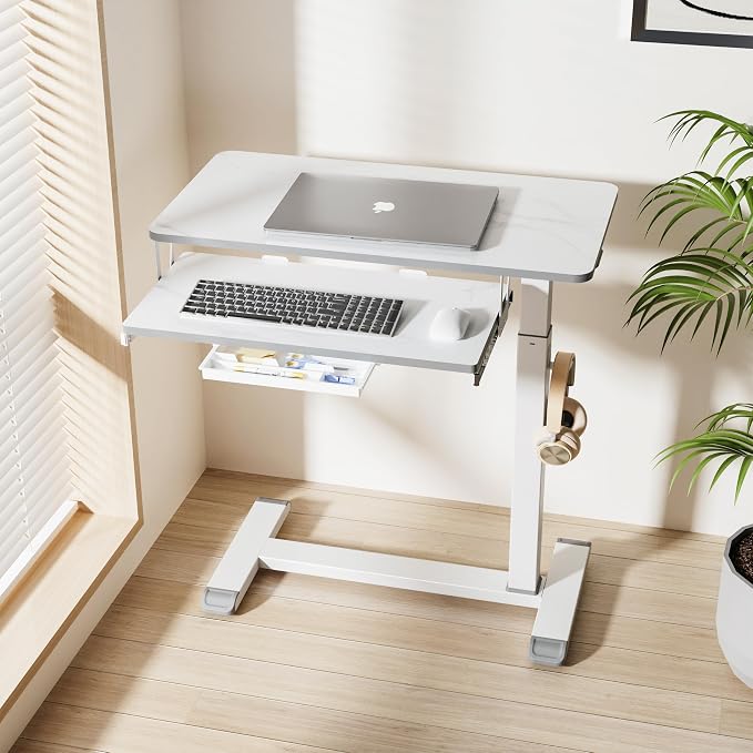 ETHU Overbed Table with Wheels, Medical Table with Drawer, Hospital Bed Table, Workstation Desk, Adjustable Overbed Bedside Rolling Laptop Desk, Marble White - Image 2