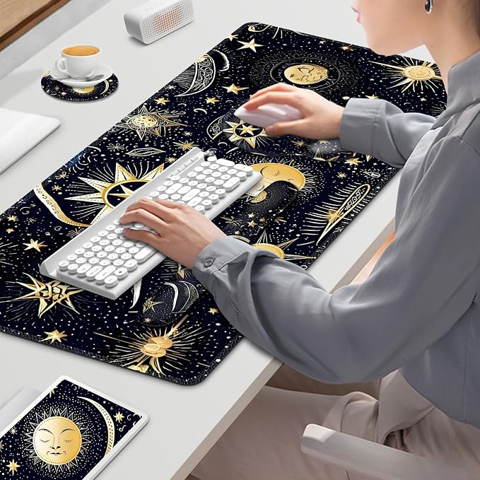 Gaming Mouse Pad, Large Desk Mat, Cute Desk Pad Protector, 4in1 XXL Mousepad + Keyboard Wrist Rest+Mouse Wrist Rest+Coaster Set with Ergonomic Desk Pad for Home Office PC Computer, Stars and Moon - Image 9
