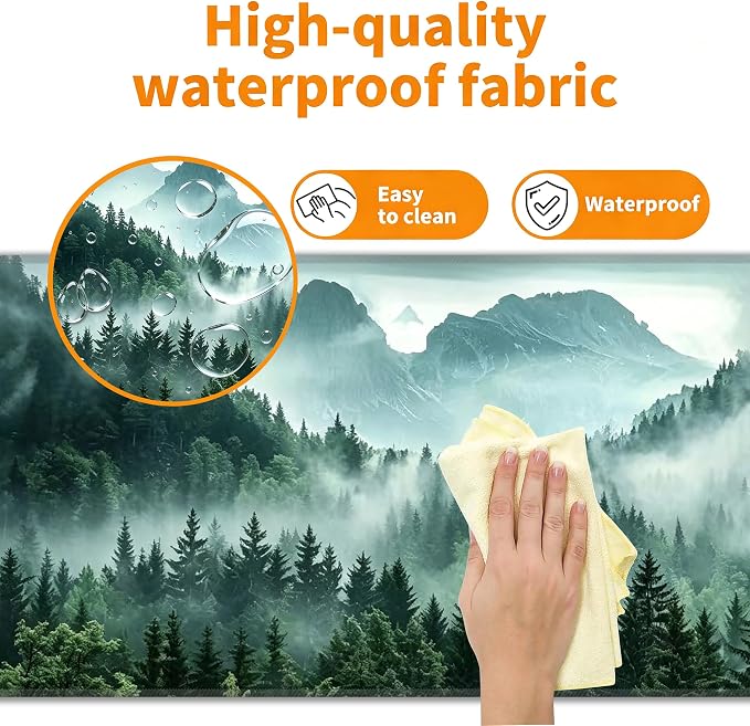 Green Misty Forest Desk Mat, XXL 35.4"x15.7" Large Mouse Pad, Mountains Extended Gaming Mouse Mat,Non-Slip Rubber Base Waterproof with Stitched Edges for Gaming Office Home Decor - Image 4